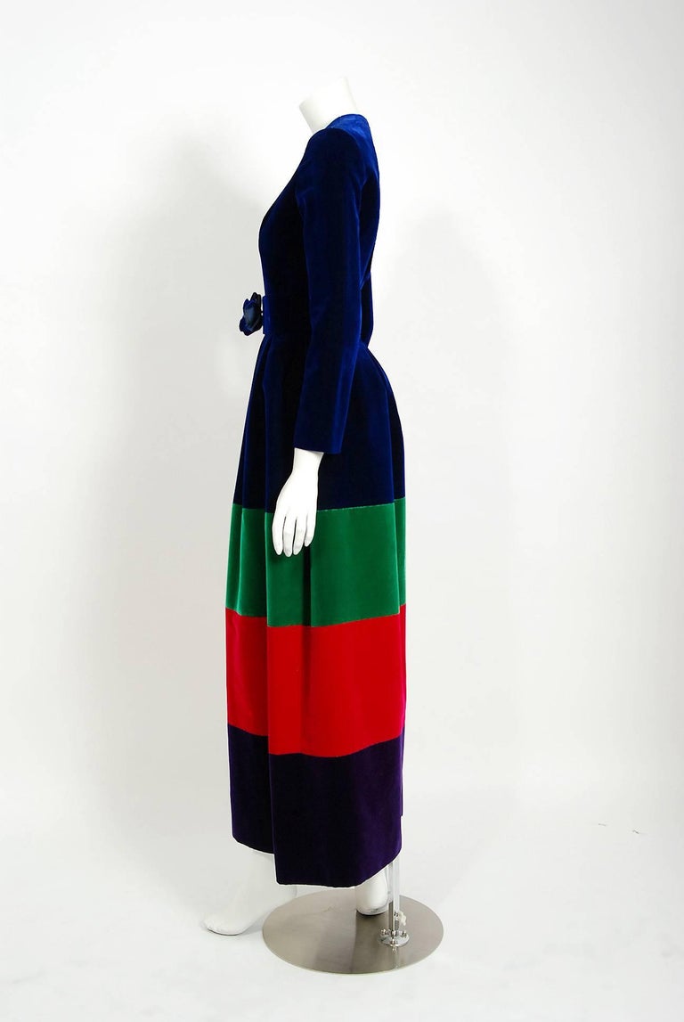 Vintage 1964 Nina Ricci Paris Couture Rainbow Block Color Silk-Velvet Maxi Dress In Good Condition For Sale In Beverly Hills, CA