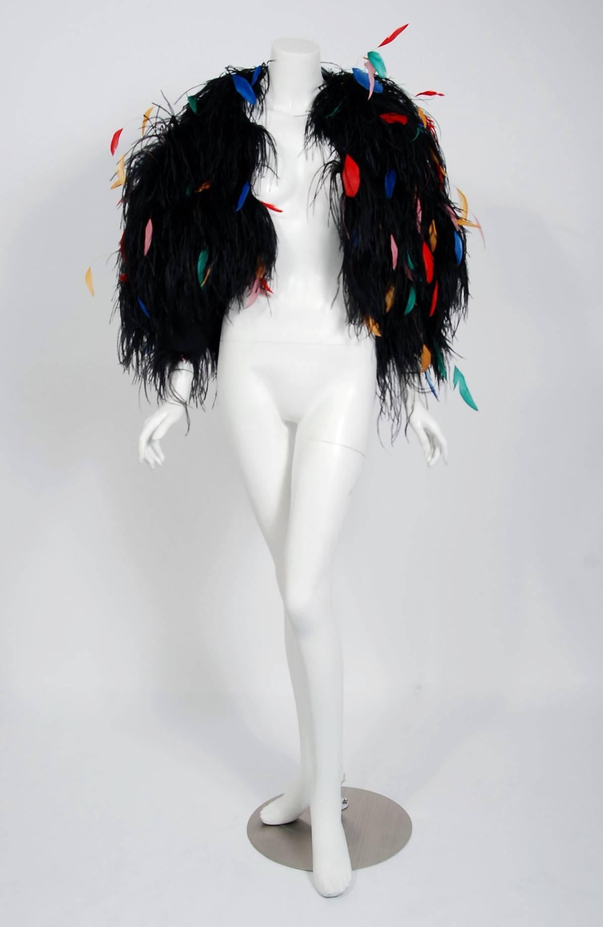 Women's or Men's 1977 Bill Blass Couture Ostrich Feather Rainbow Cropped Bolero Jacket