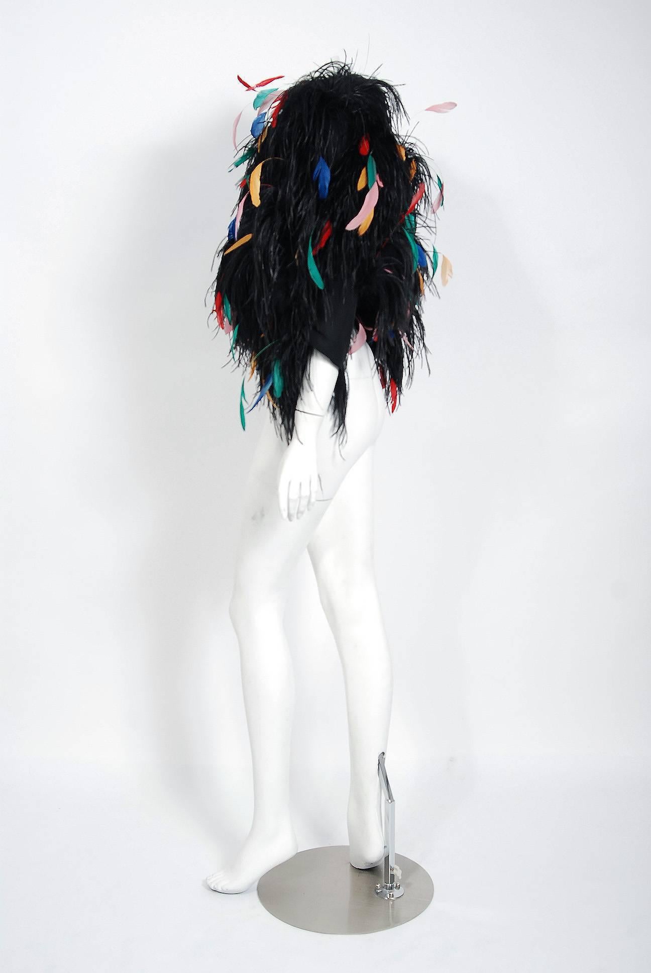1977 Bill Blass Couture Ostrich Feather Rainbow Cropped Bolero Jacket In Excellent Condition In Beverly Hills, CA