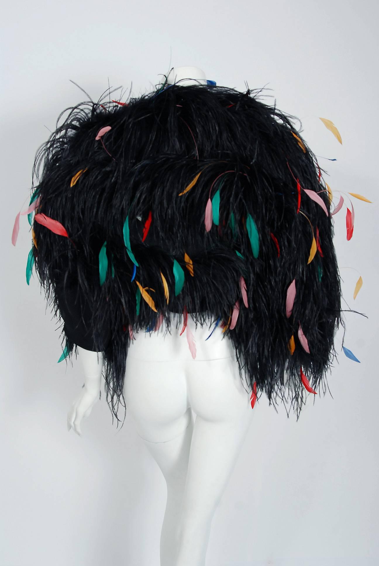 1977 Bill Blass Couture Ostrich Feather Rainbow Cropped Bolero Jacket 1