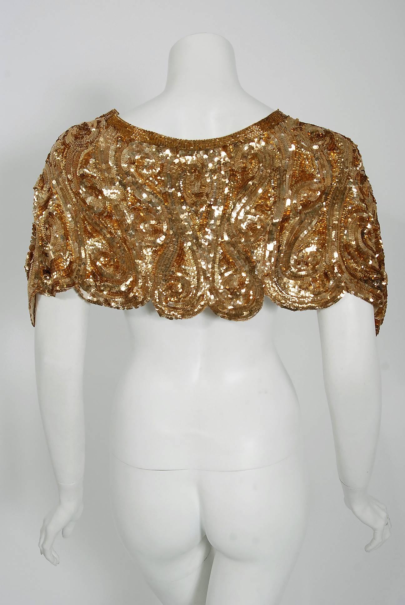 Brown 1920's French Couture Metallic-Gold Beaded Sequin Scalloped Flapper Capelet