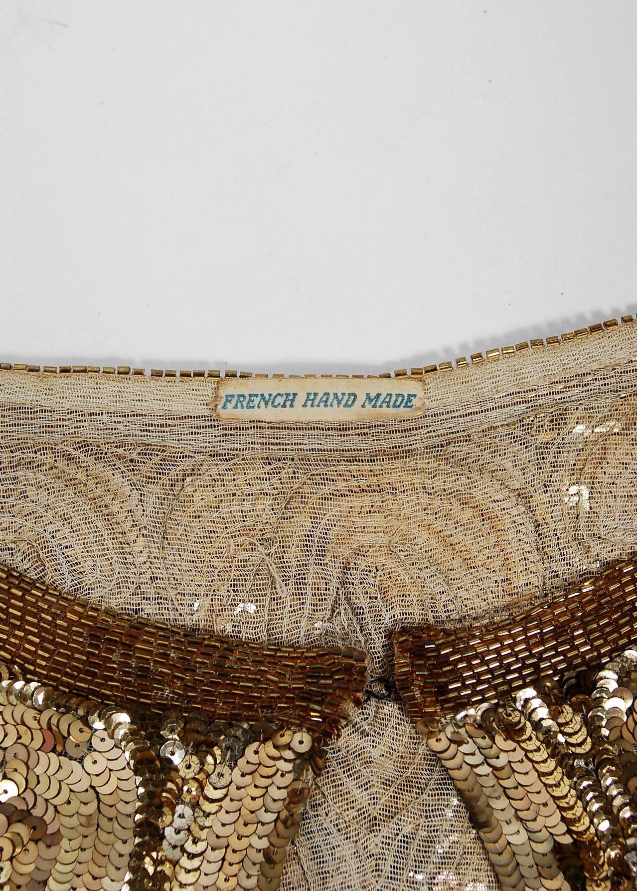 Women's or Men's 1920's French Couture Metallic-Gold Beaded Sequin Scalloped Flapper Capelet