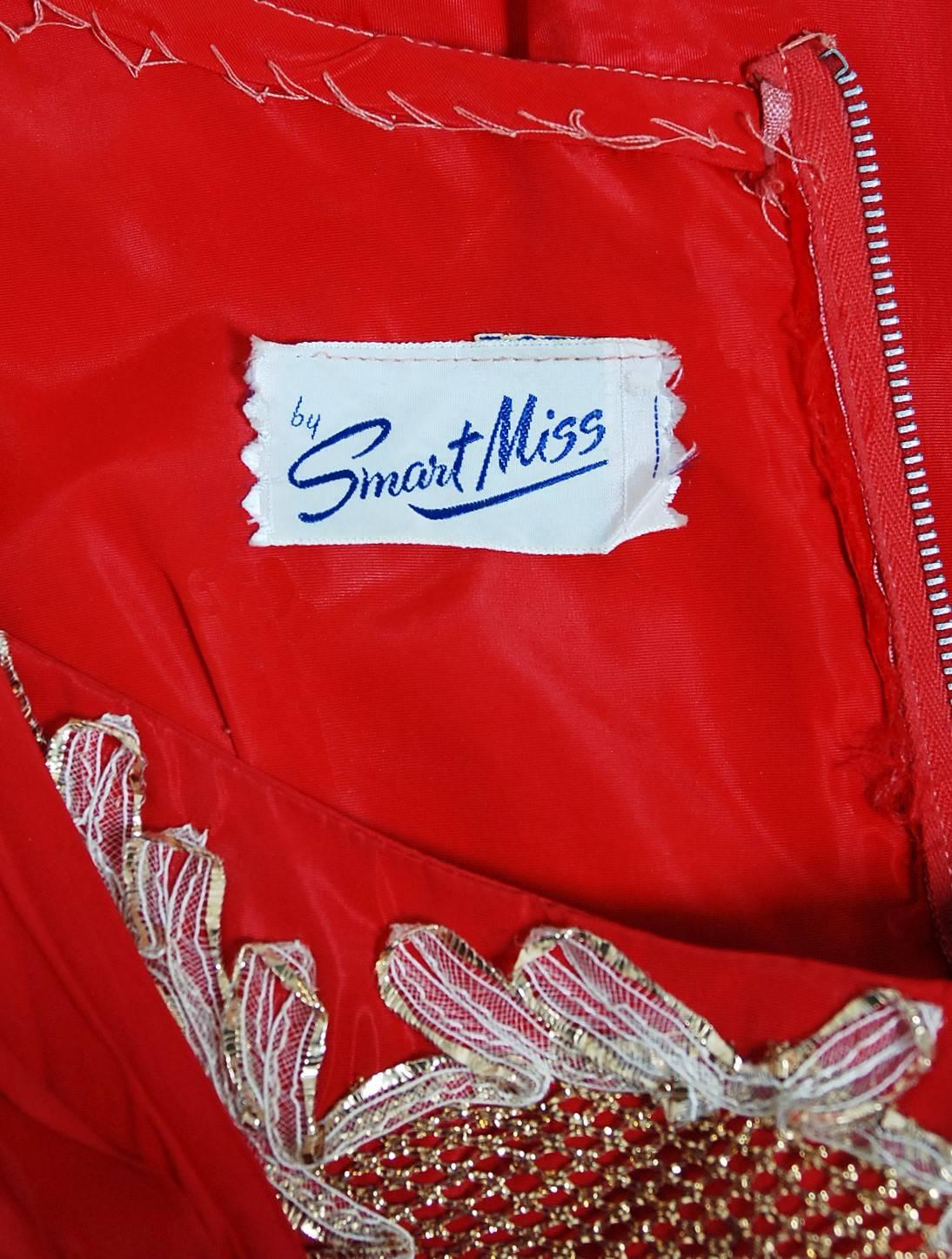 1950's Ruby Red Beaded Metallic Applique Taffeta Shelf-Bust Full Party Dress 3