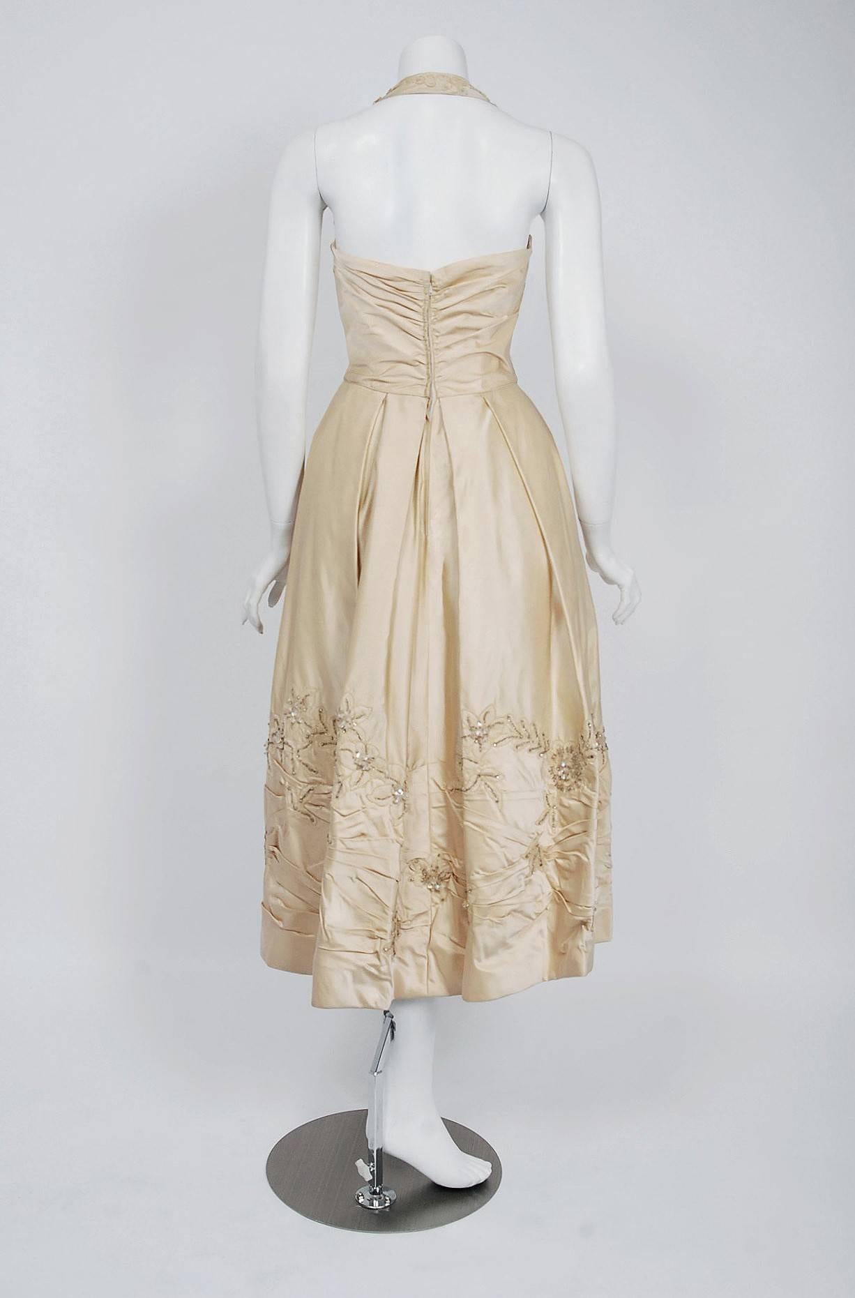 Beige Vintage 1950's Ceil Chapman Ivory Beaded Applique Silk Satin Halter Bridal Dress