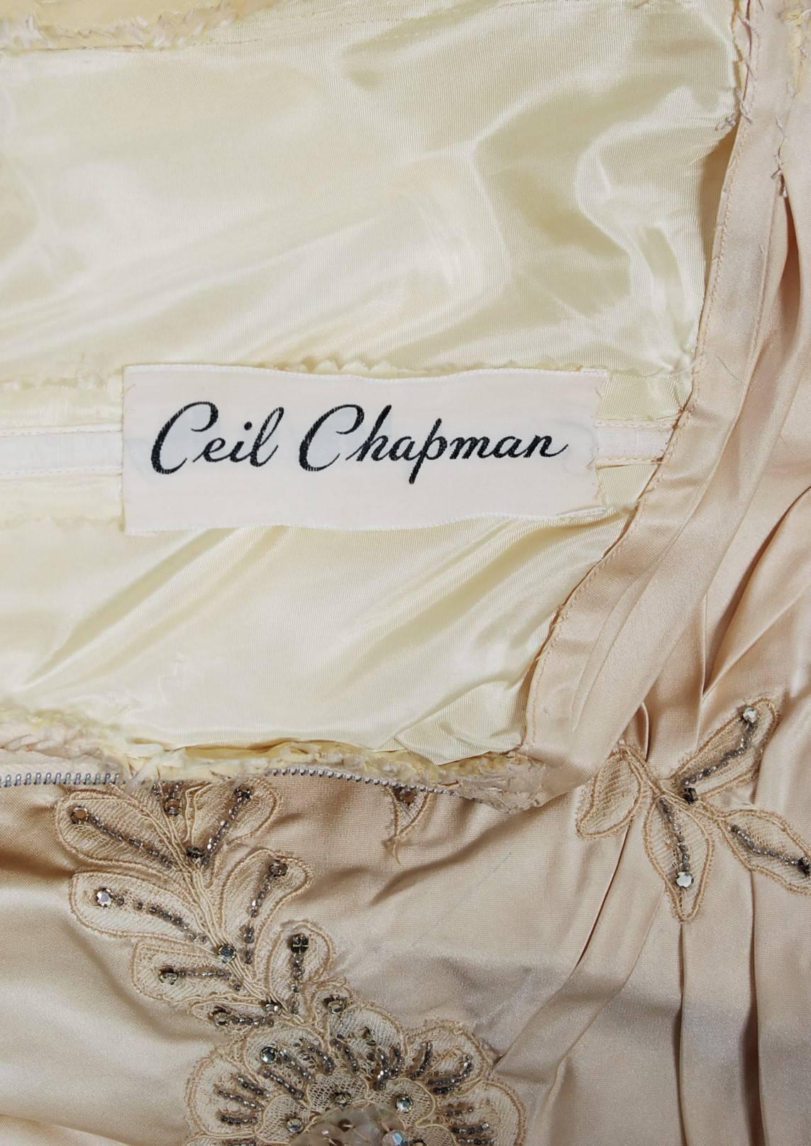 Vintage 1950's Ceil Chapman Ivory Beaded Applique Silk Satin Halter Bridal Dress In Good Condition In Beverly Hills, CA
