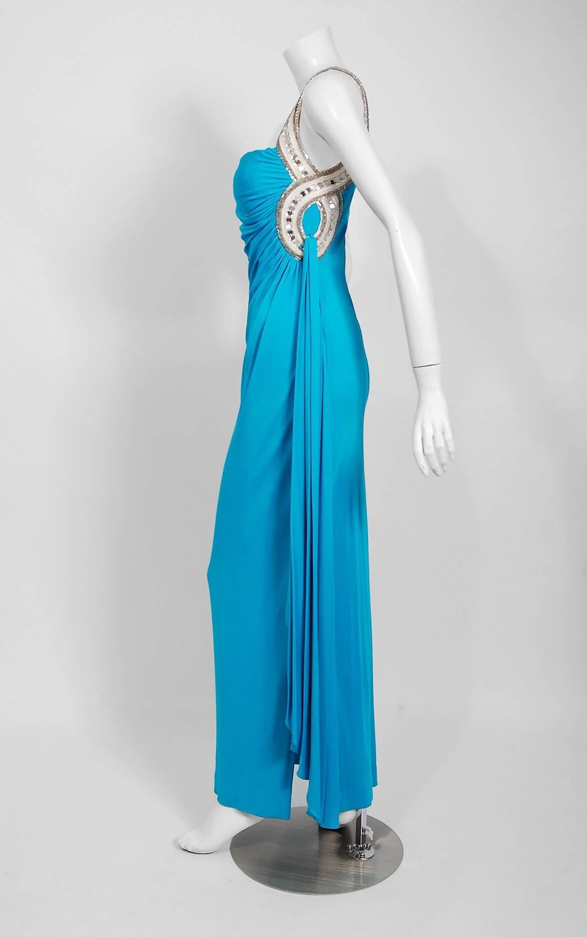 1986 Travilla Couture Whitney Houston Design Blue One-Shoulder Beaded Silk Gown For Sale 6