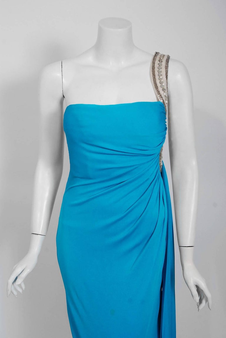 Vintage 1986 Travilla Couture Whitney Houston Design Blue OneShoulder