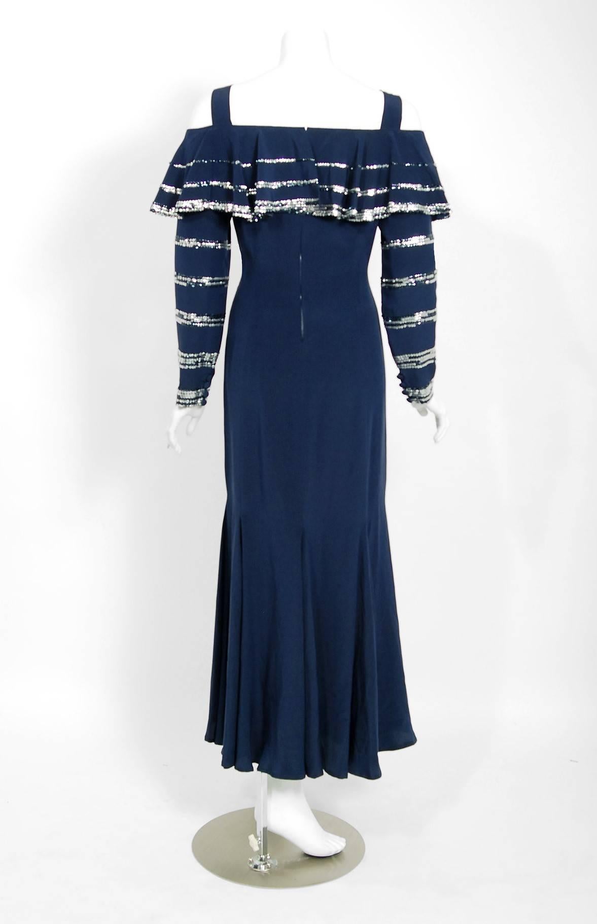 Vintage 1975 Karl Lagerfeld for Chloe Sequin Navy Blue Silk Off-Shoulder Dress 1