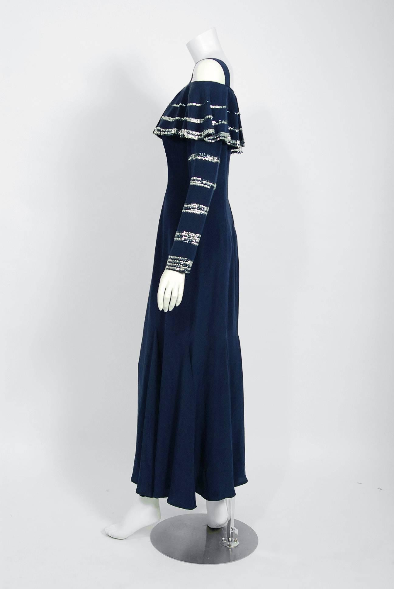 Women's Vintage 1975 Karl Lagerfeld for Chloe Sequin Navy Blue Silk Off-Shoulder Dress