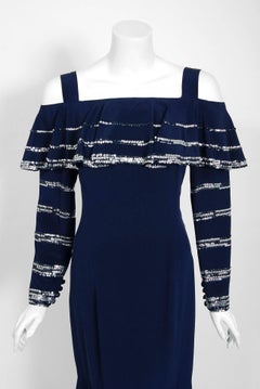 Vintage 1975 Karl Lagerfeld for Chloe Sequin Navy Blue Silk Off-Shoulder Dress