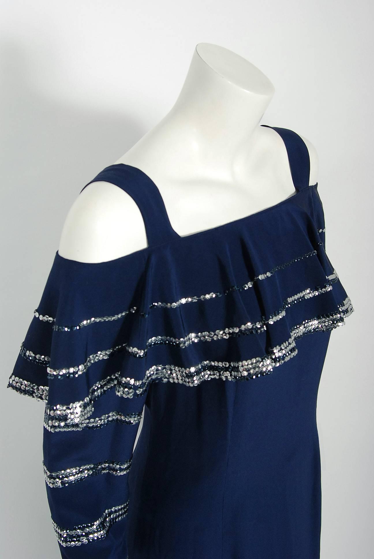 Black Vintage 1975 Karl Lagerfeld for Chloe Sequin Navy Blue Silk Off-Shoulder Dress