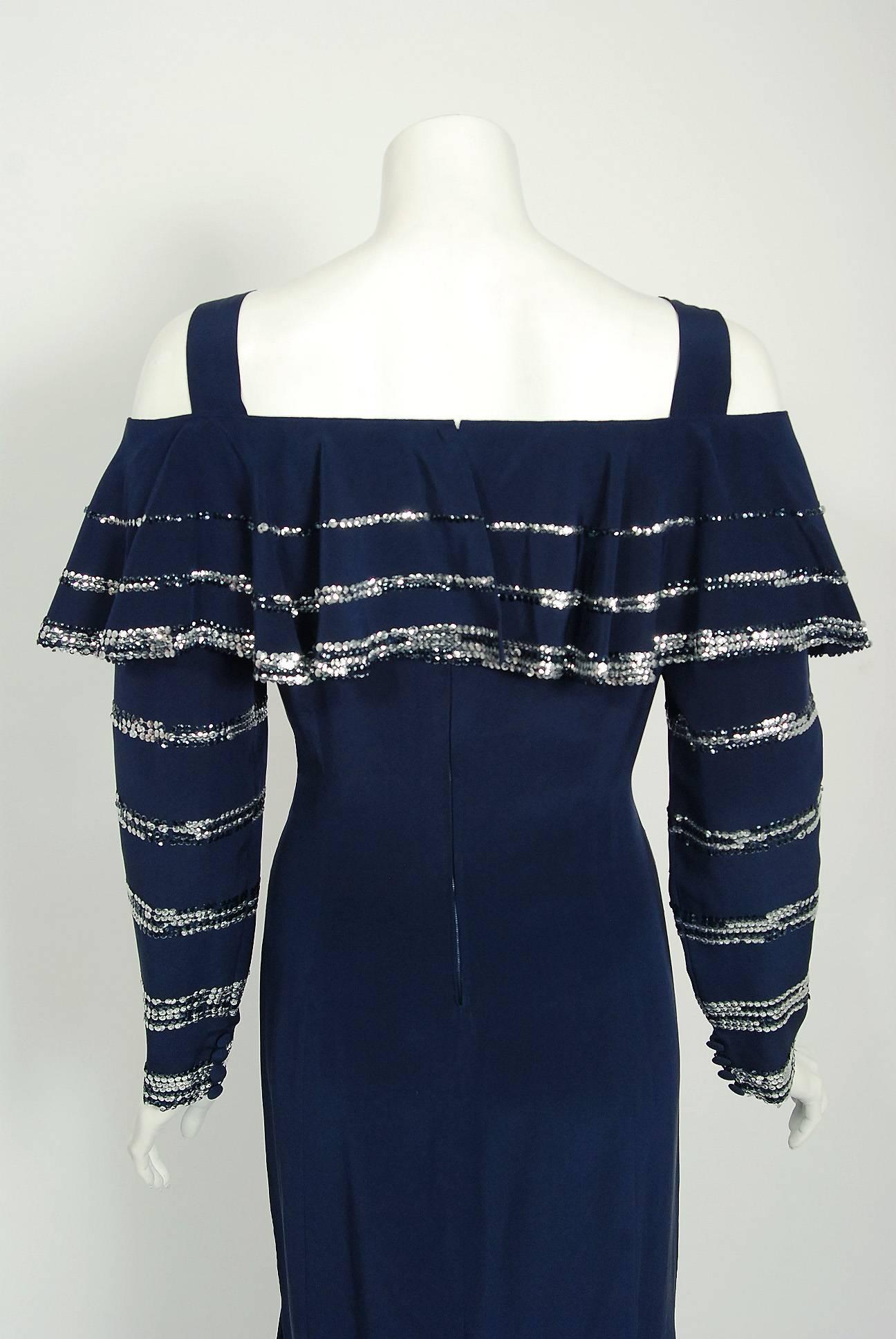 Vintage 1975 Karl Lagerfeld for Chloe Sequin Navy Blue Silk Off-Shoulder Dress 2