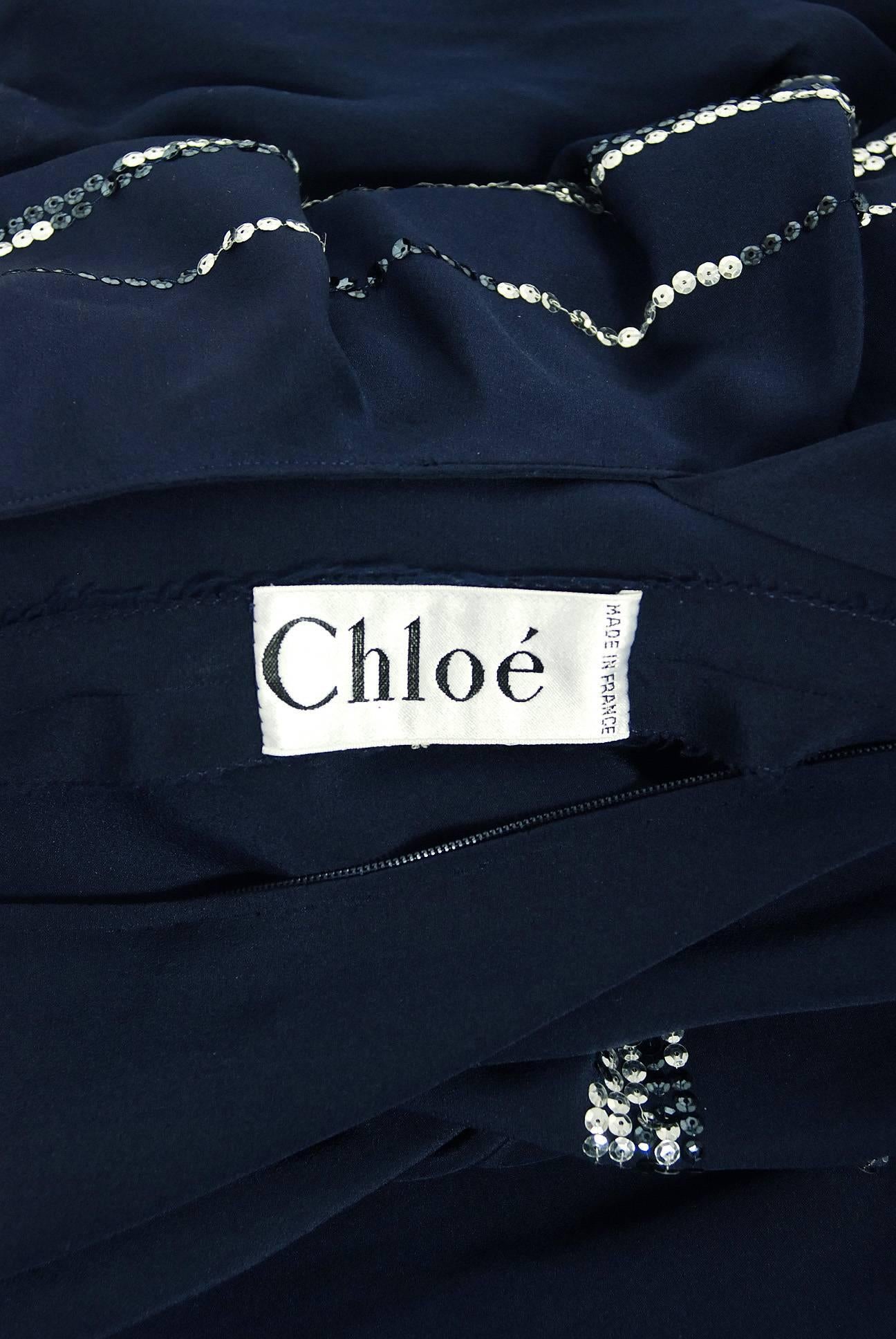 Vintage 1975 Karl Lagerfeld for Chloe Sequin Navy Blue Silk Off-Shoulder Dress 3