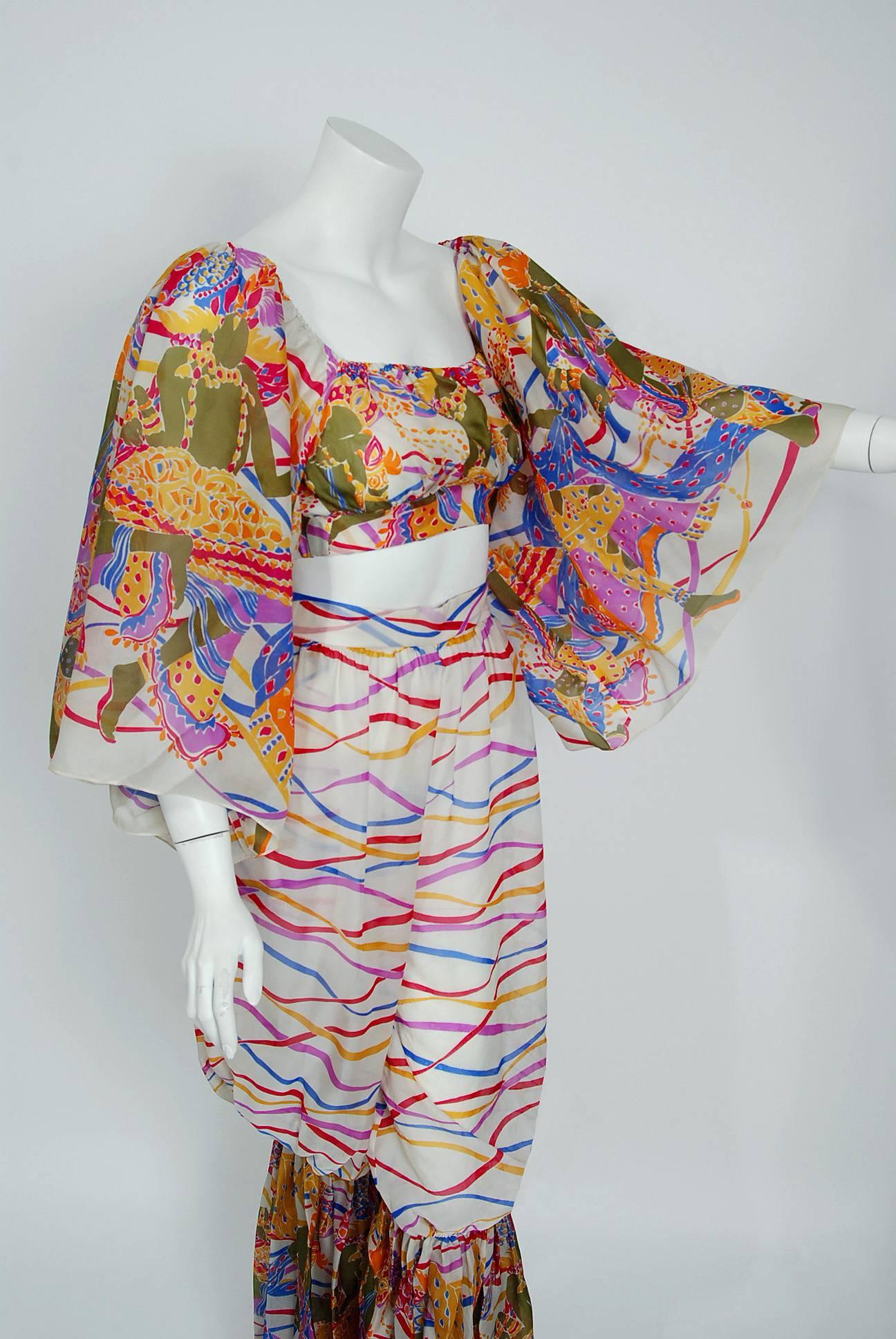Breathtaking Yves Saint Laurent bohemian gypsy two-piece silk organza ensemble with original designer tags from his infamous 1991 Rive Gauche Leon Bakst novelty print collection. Pieces from this runway season are very rare and are true examples of