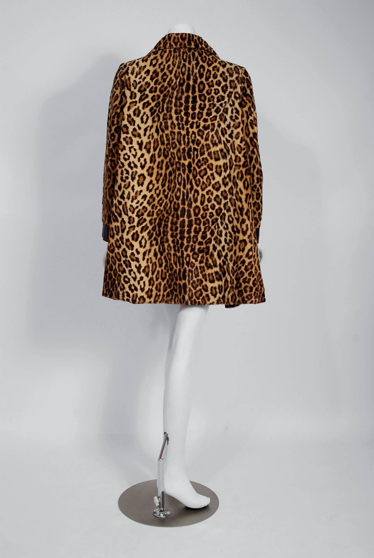Women's or Men's 1968 Pierre Cardin Leopard Print Faux Fur Mod Space-Age Pockets Trench Jacket