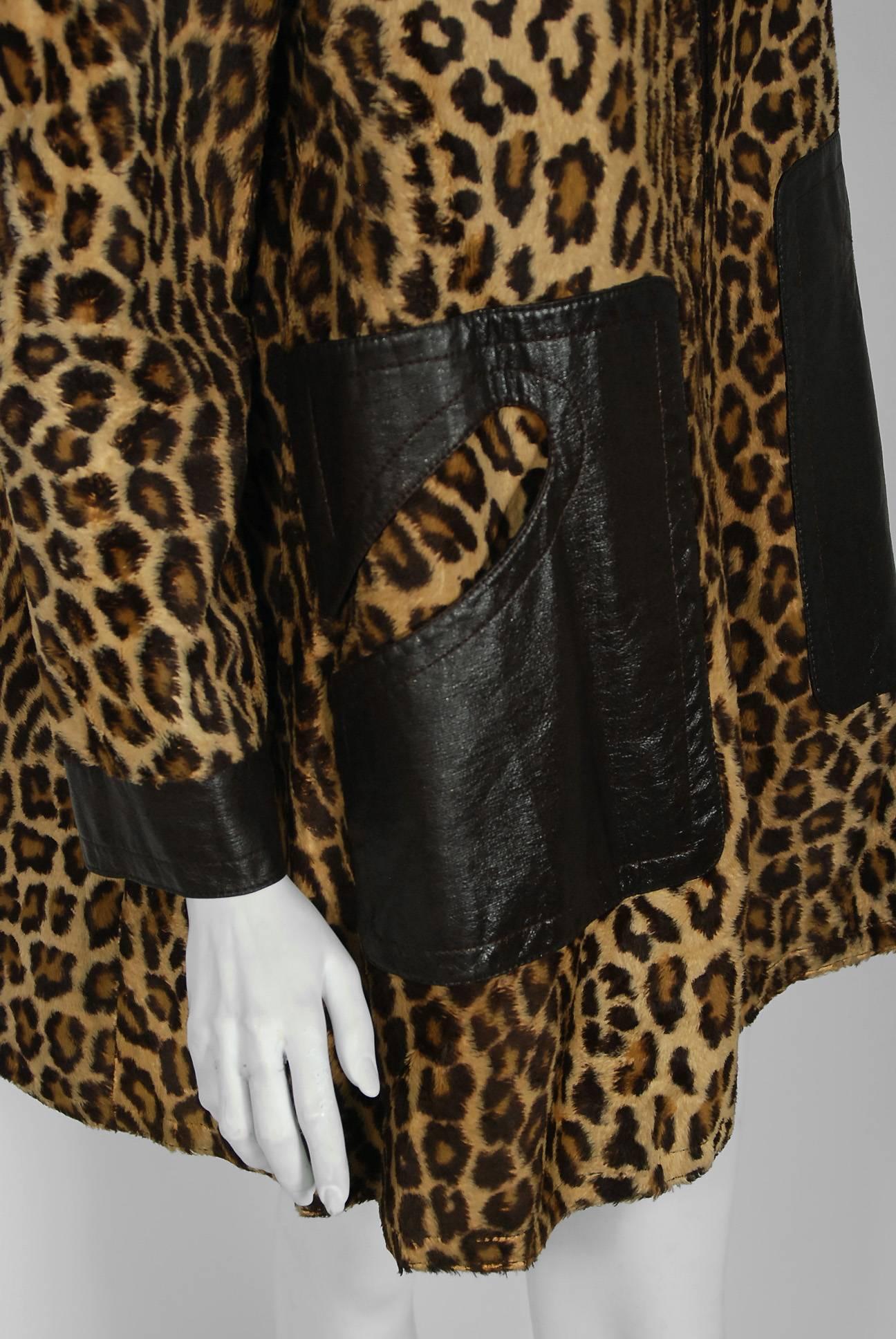 Black 1968 Pierre Cardin Leopard Print Faux Fur Mod Space-Age Pockets Trench Jacket