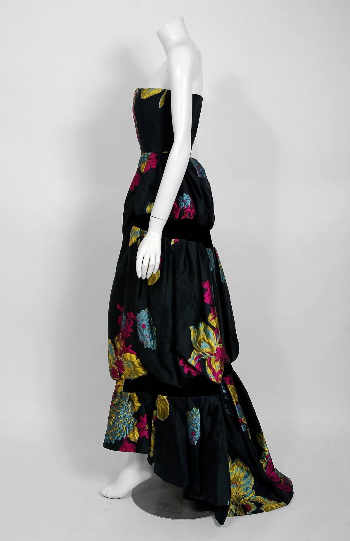 1999 Christian Lacroix Runway Floral Silk Brocade Strapless High Low Bustle Gown In Excellent Condition In Beverly Hills, CA