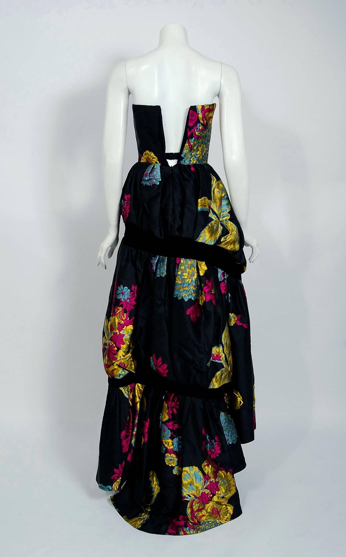 1999 Christian Lacroix Runway Floral Silk Brocade Strapless High Low Bustle Gown 5