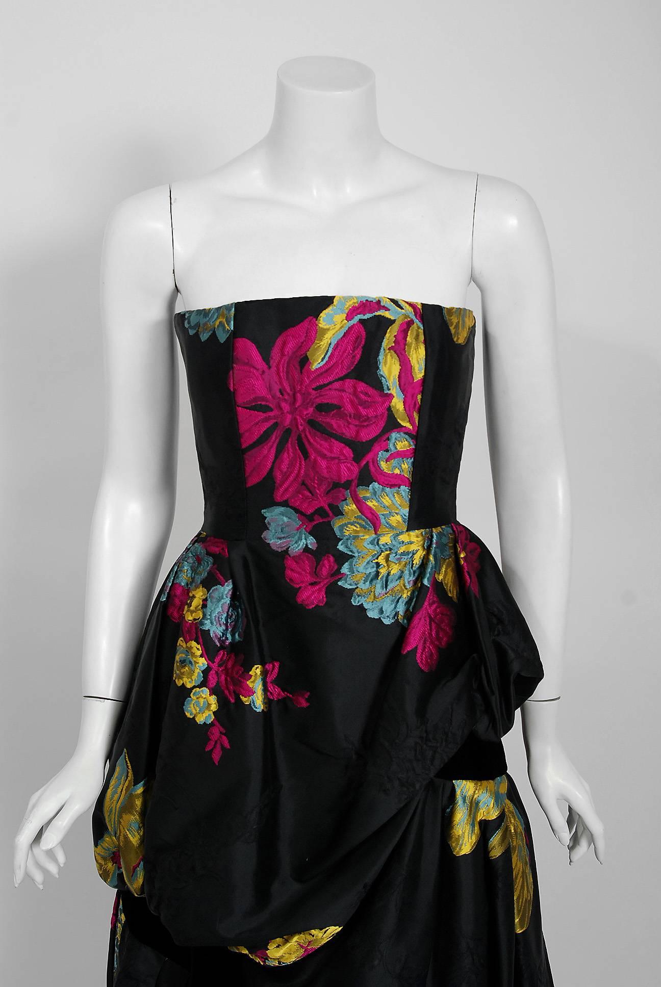 Women's 1999 Christian Lacroix Runway Floral Silk Brocade Strapless High Low Bustle Gown