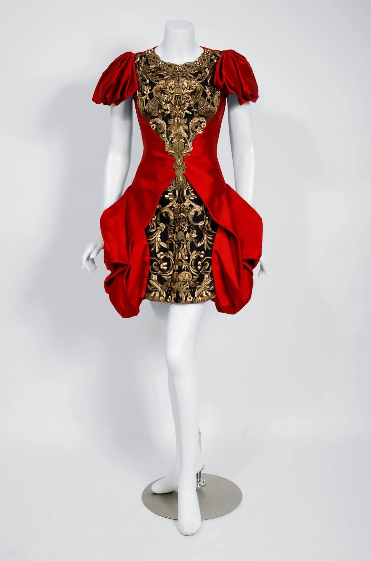 Brown 2010 Alexander McQueen Final Runway Collection Red Satin Metallic Bullion Dress