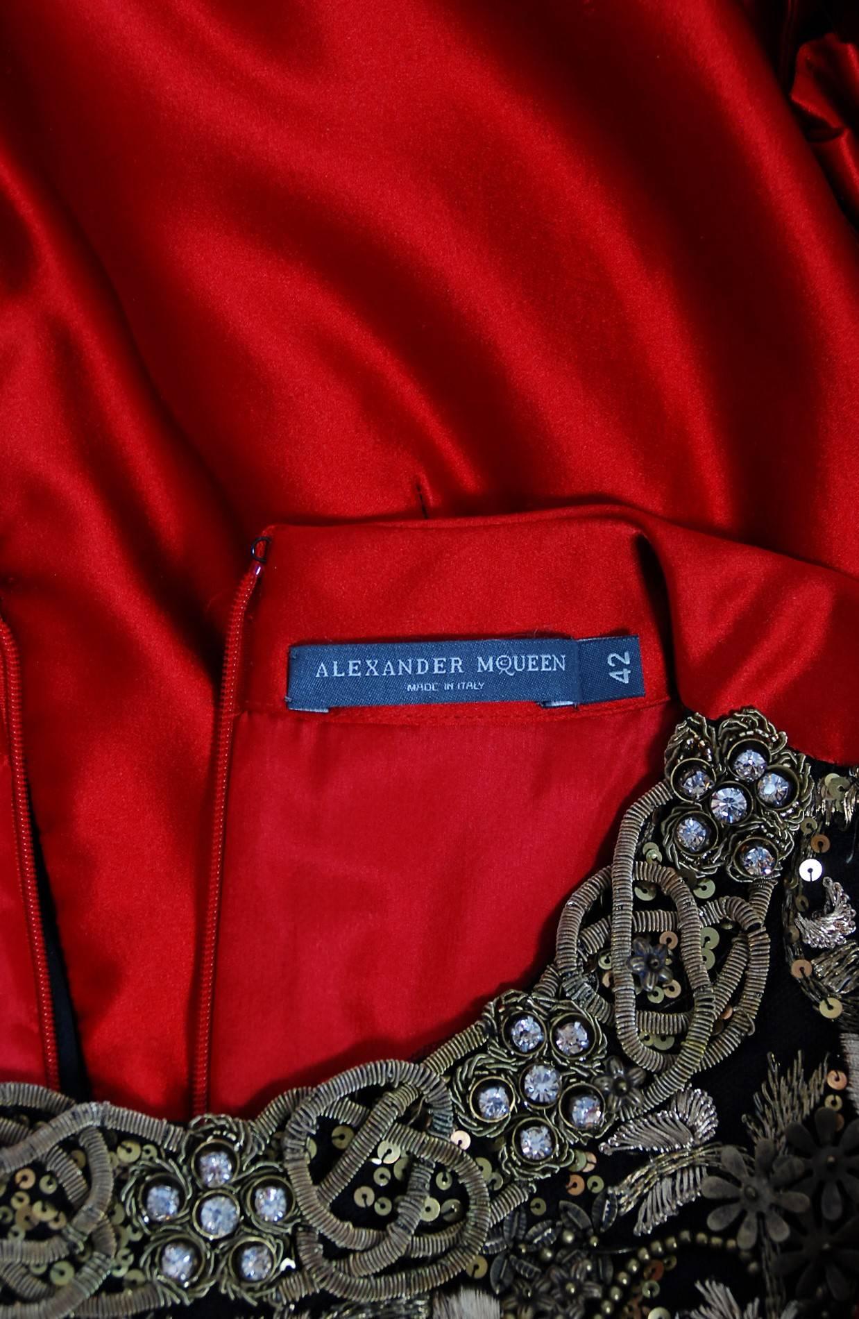 2010 Alexander McQueen Final Runway Collection Red Satin Metallic Bullion Dress 4