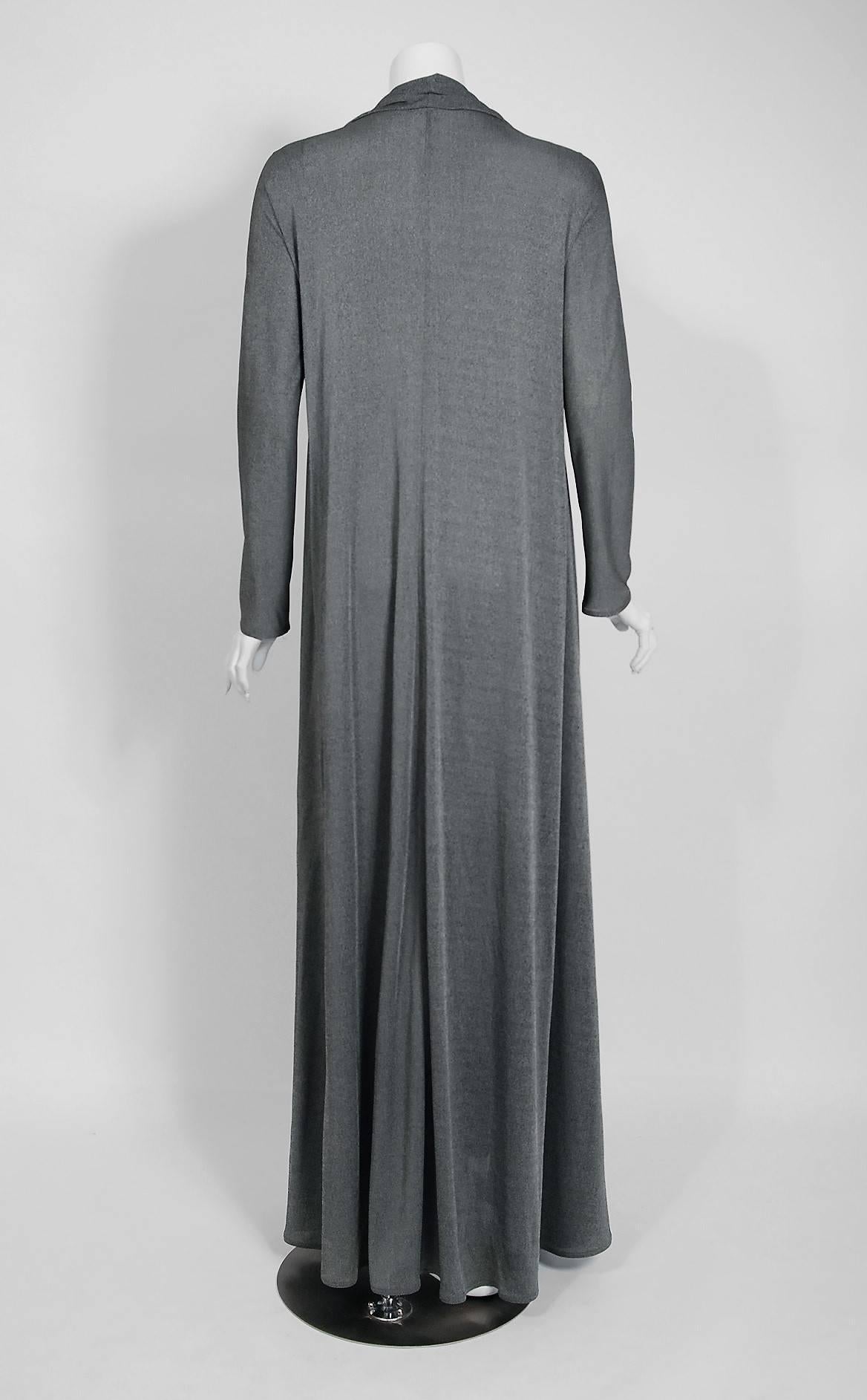 Women's Vintage 1990 Geoffrey Beene Grey Silk-Jersey Draped Scarf High Slit Maxi Dress