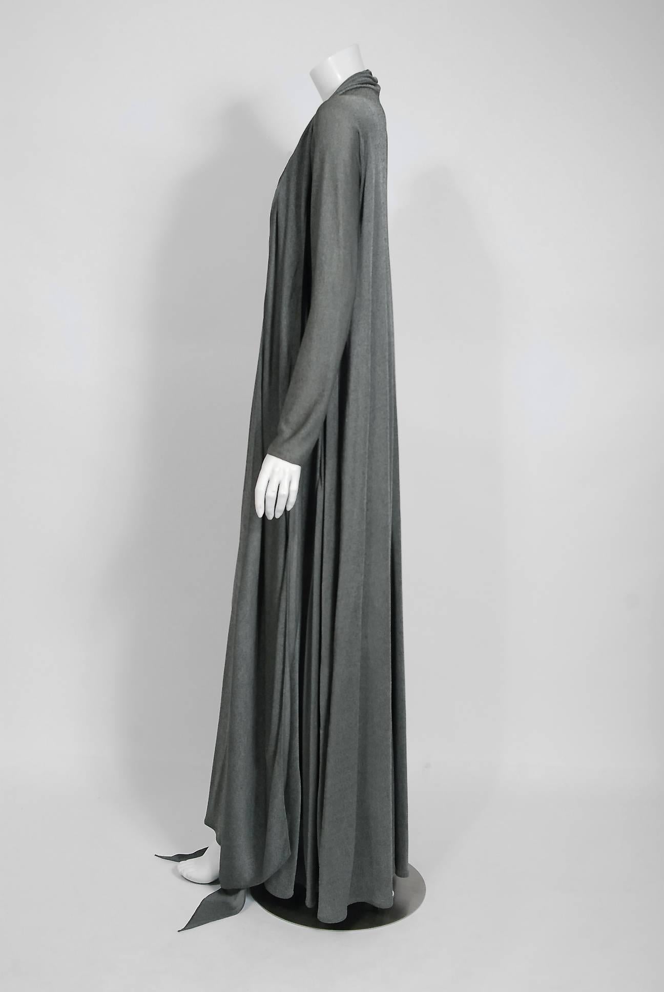 Gray Vintage 1990 Geoffrey Beene Grey Silk-Jersey Draped Scarf High Slit Maxi Dress