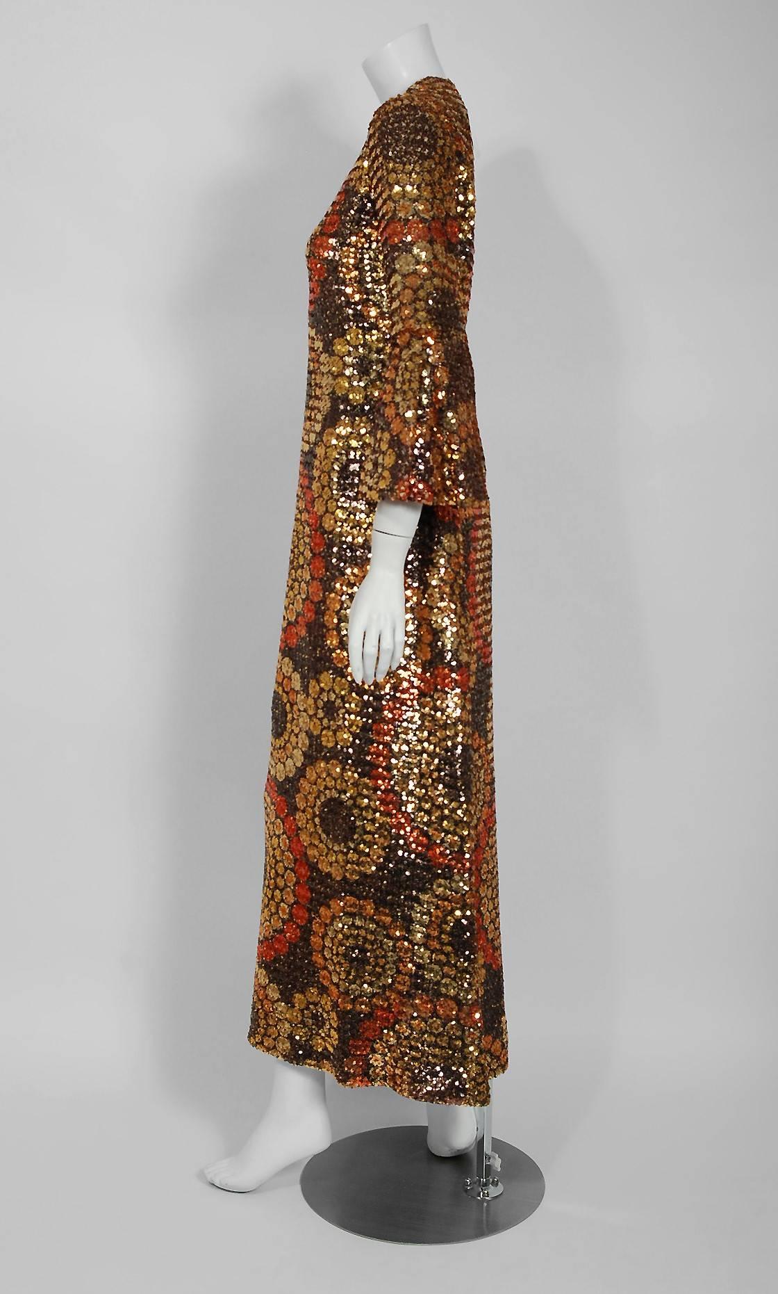 Brown 1968 Pierre Balmain Haute Couture Graphic Sequin Bell Sleeve Column Dress