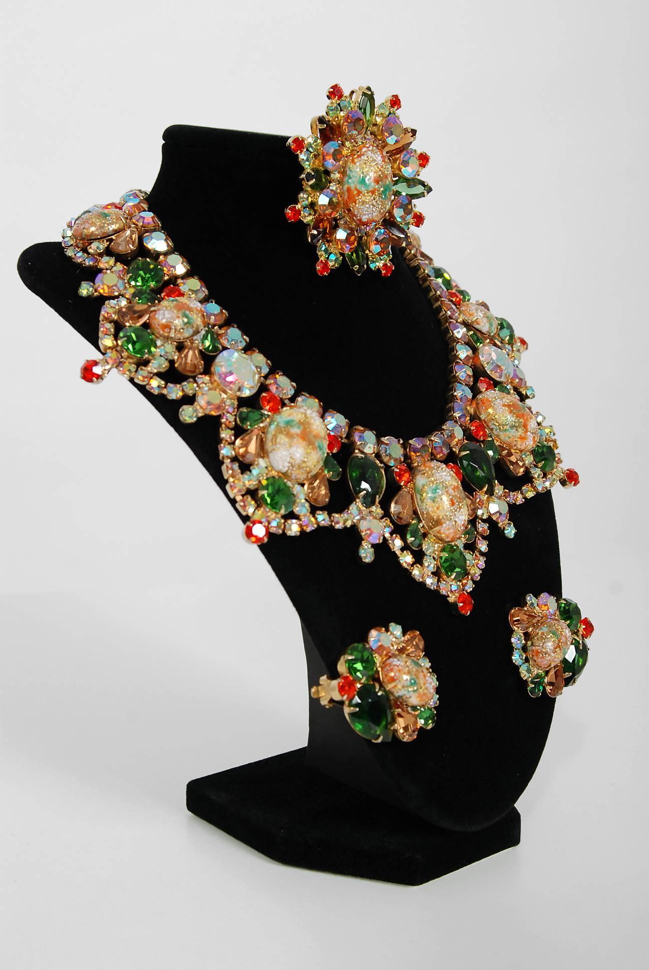 1960's Juliana Easter Egg Colorful Bib-Necklace Earrings Brooch Parure Set 4