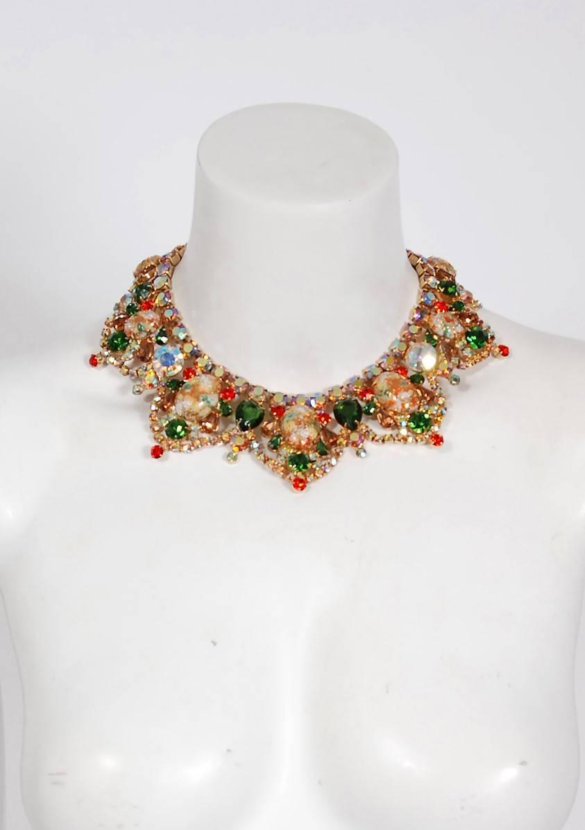 1960's Juliana Easter Egg Colorful Bib-Necklace Earrings Brooch Parure Set In Excellent Condition In Beverly Hills, CA