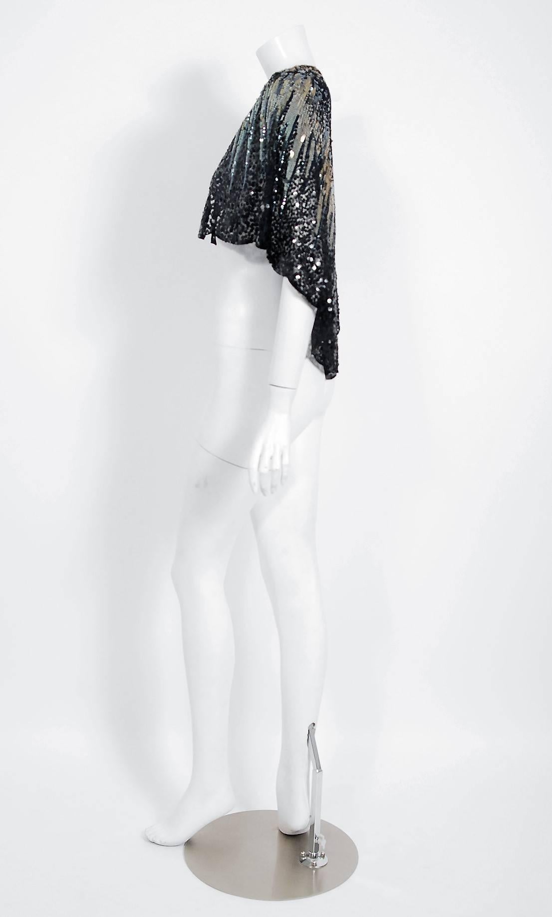 Black 1920's French Couture Ombre Beaded Sequin High-Low Flapper Capelet