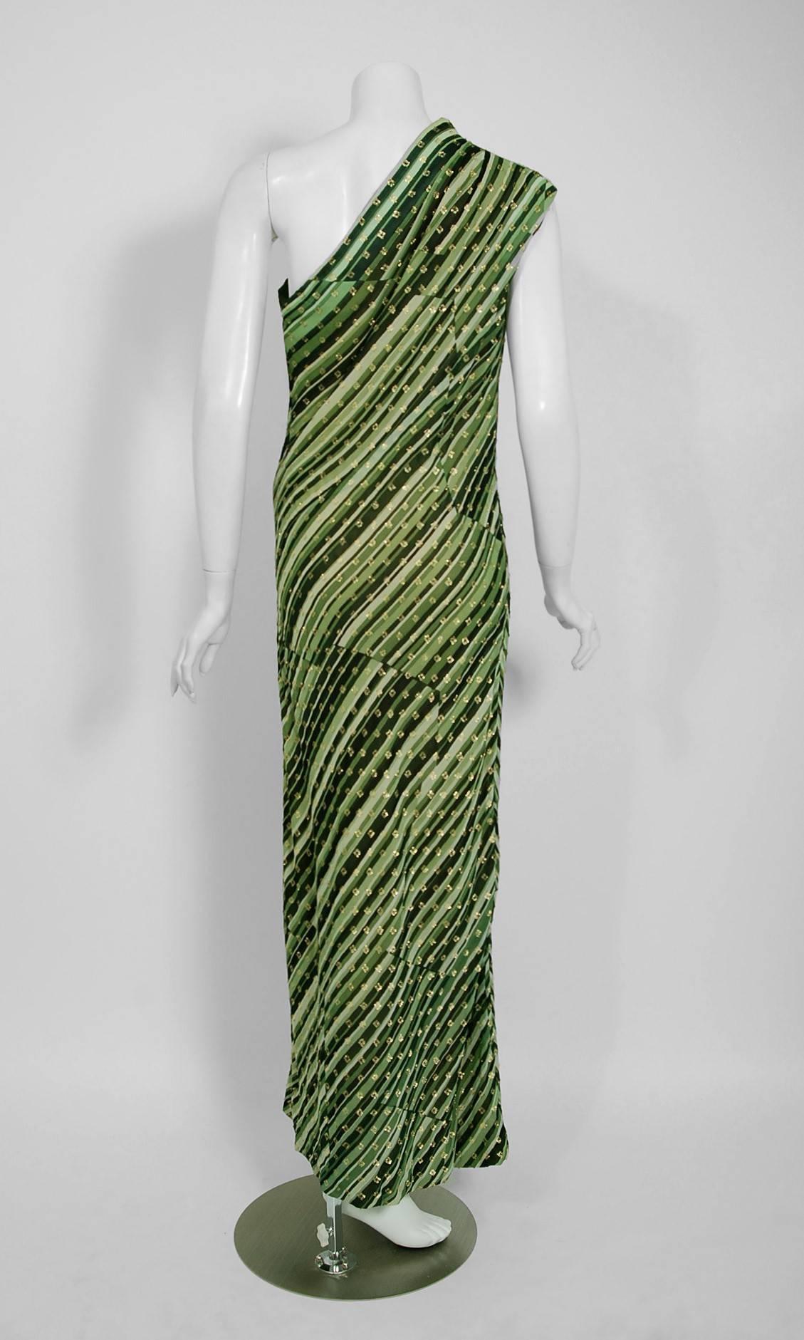 1970's Pauline Trigere Metallic Green Stripe Silk One-Shoulder Bias Cut Gown  4