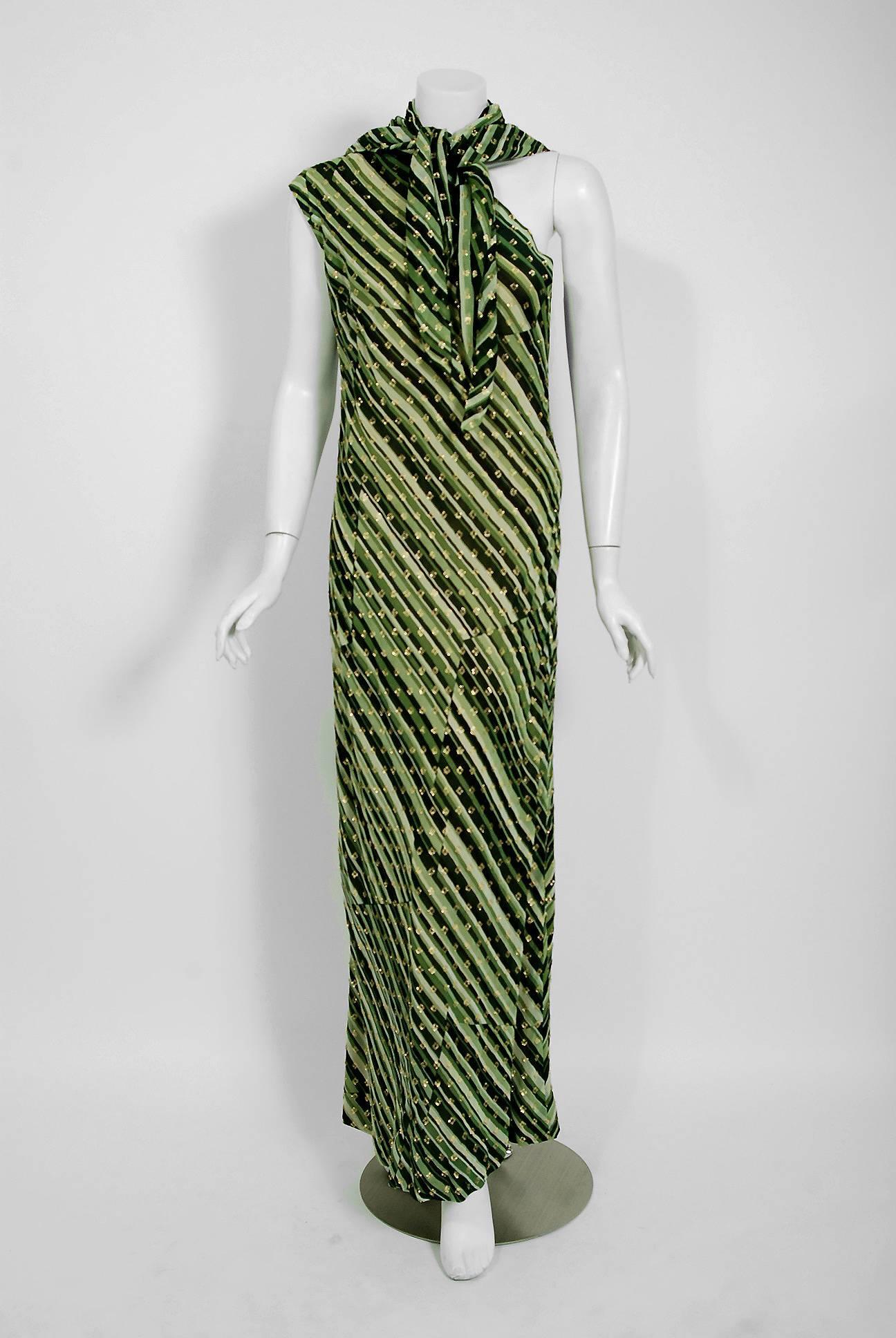1970's Pauline Trigere Metallic Green Stripe Silk One-Shoulder Bias Cut Gown  2