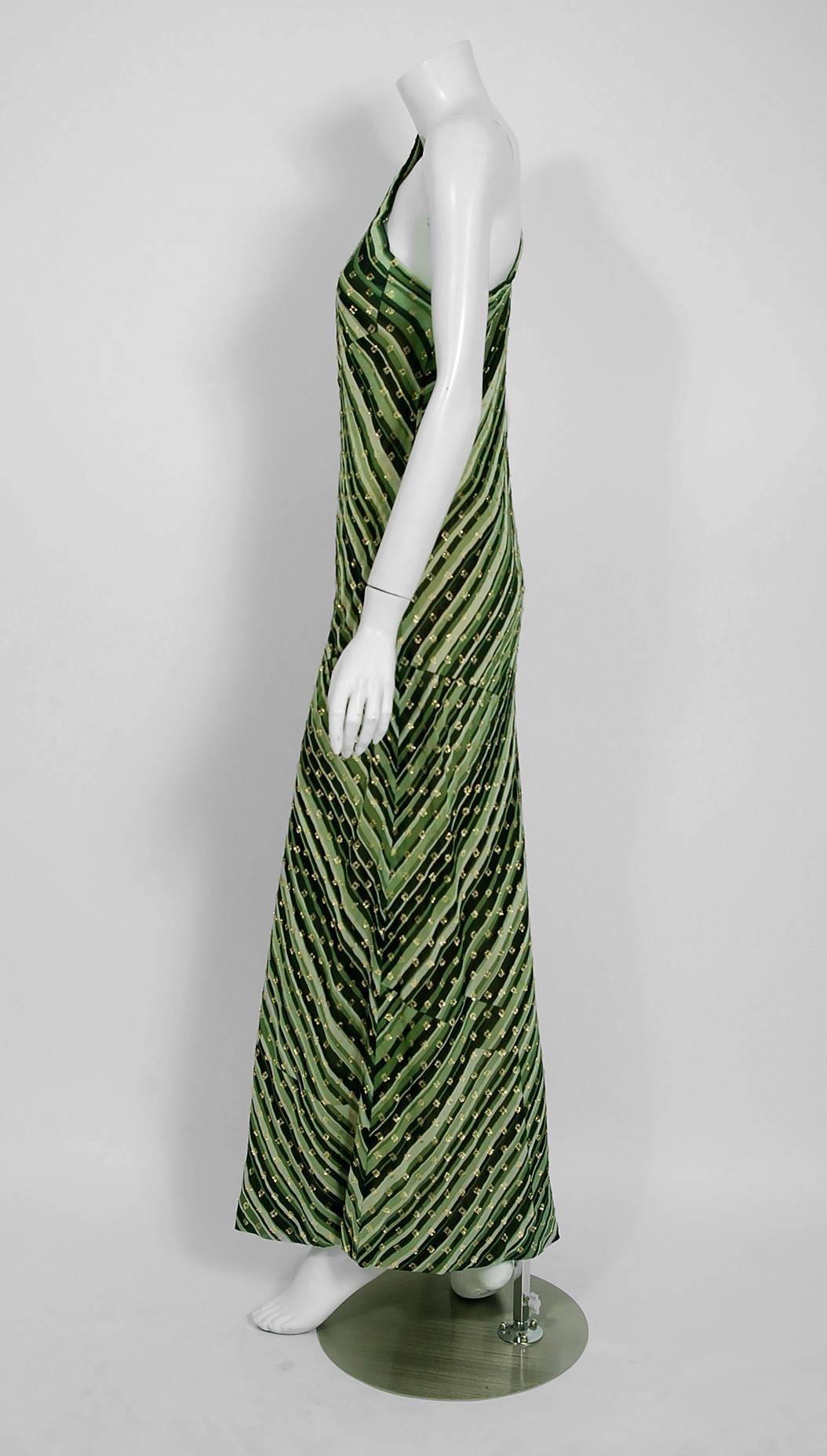 1970's Pauline Trigere Metallic Green Stripe Silk One-Shoulder Bias Cut Gown  3