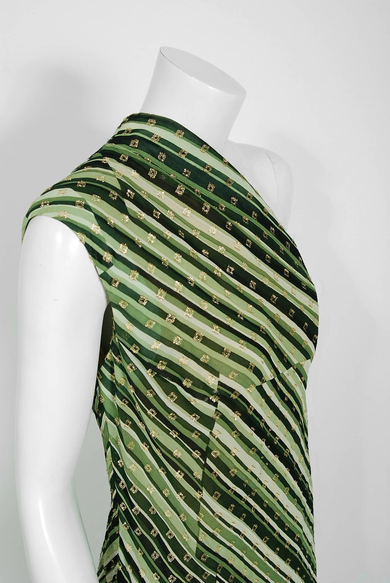 1970's Pauline Trigere Metallic Green Stripe Silk One-Shoulder Bias Cut Gown  In Excellent Condition In Beverly Hills, CA