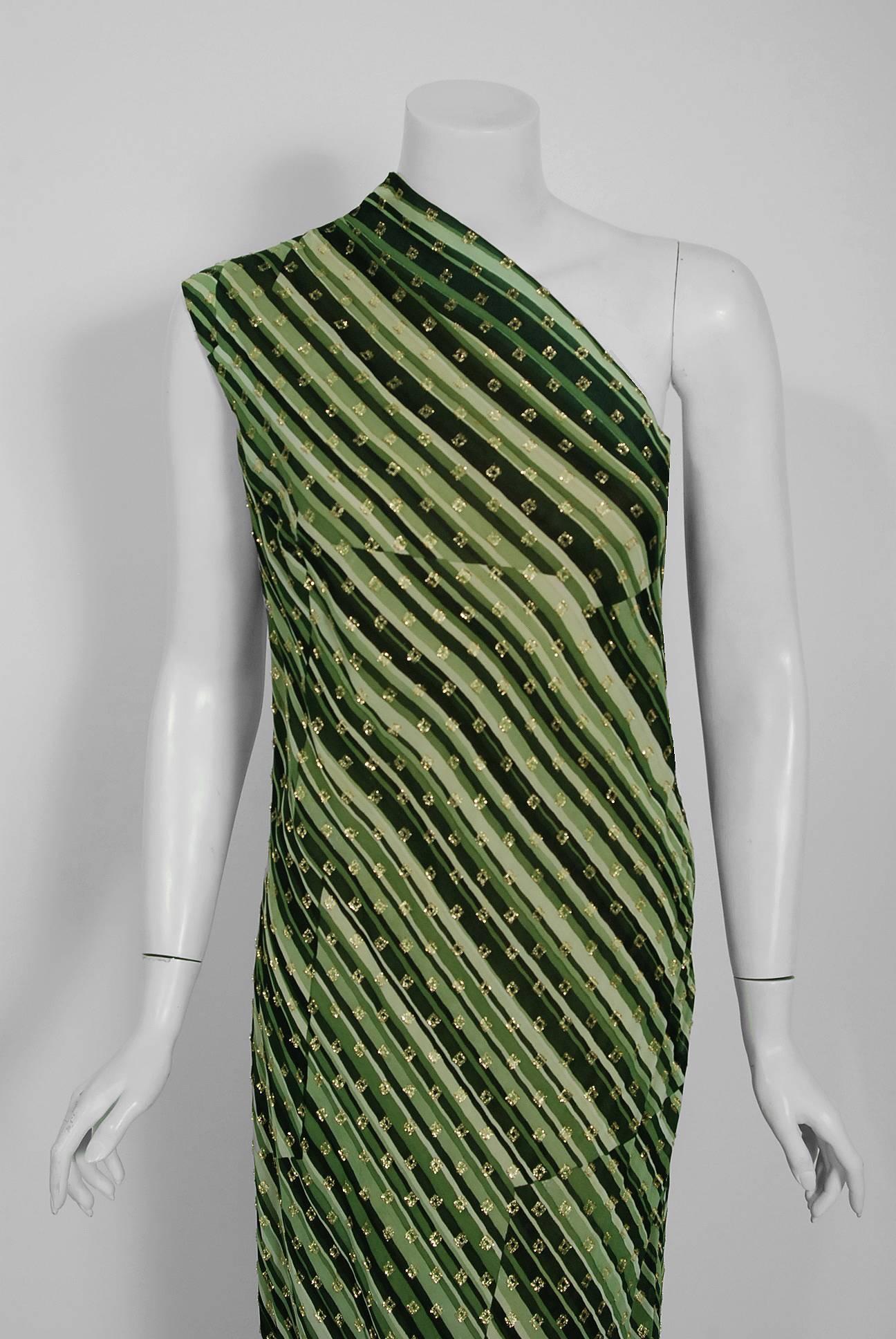 Black 1970's Pauline Trigere Metallic Green Stripe Silk One-Shoulder Bias Cut Gown 