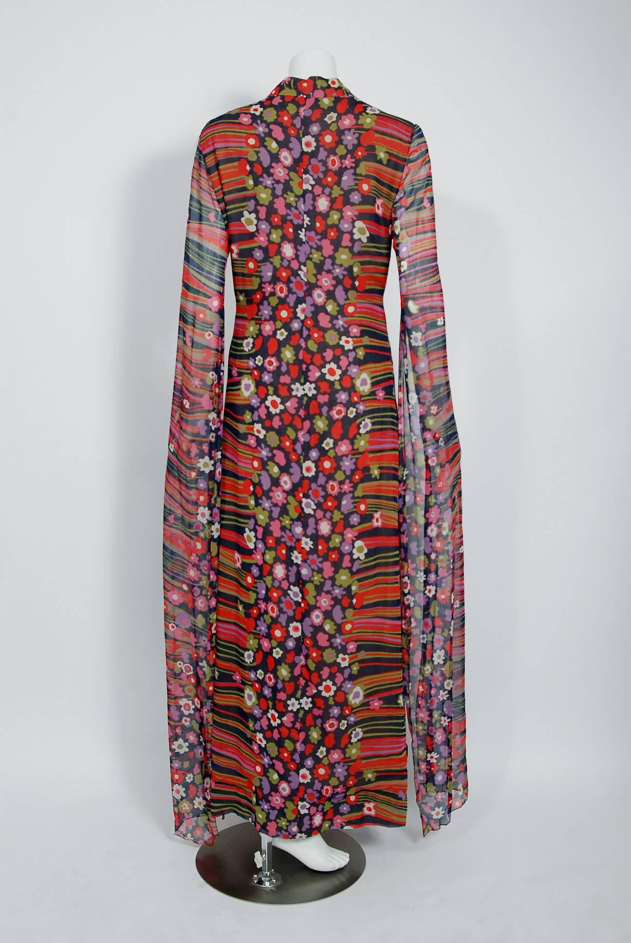 1960's Pauline Trigere Abstract Floral Cotton Kimono Angel-Sleeve Maxi Dress 1