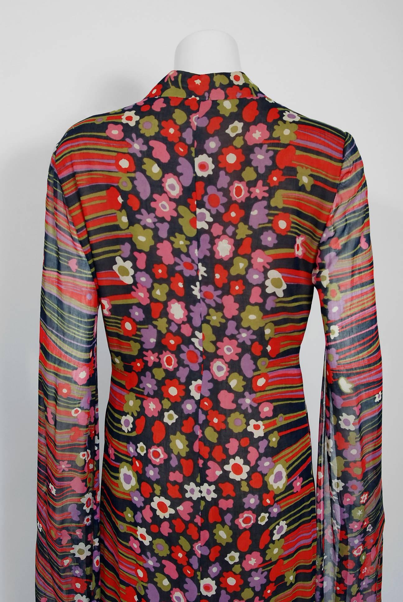1960's Pauline Trigere Abstract Floral Cotton Kimono Angel-Sleeve Maxi Dress 2