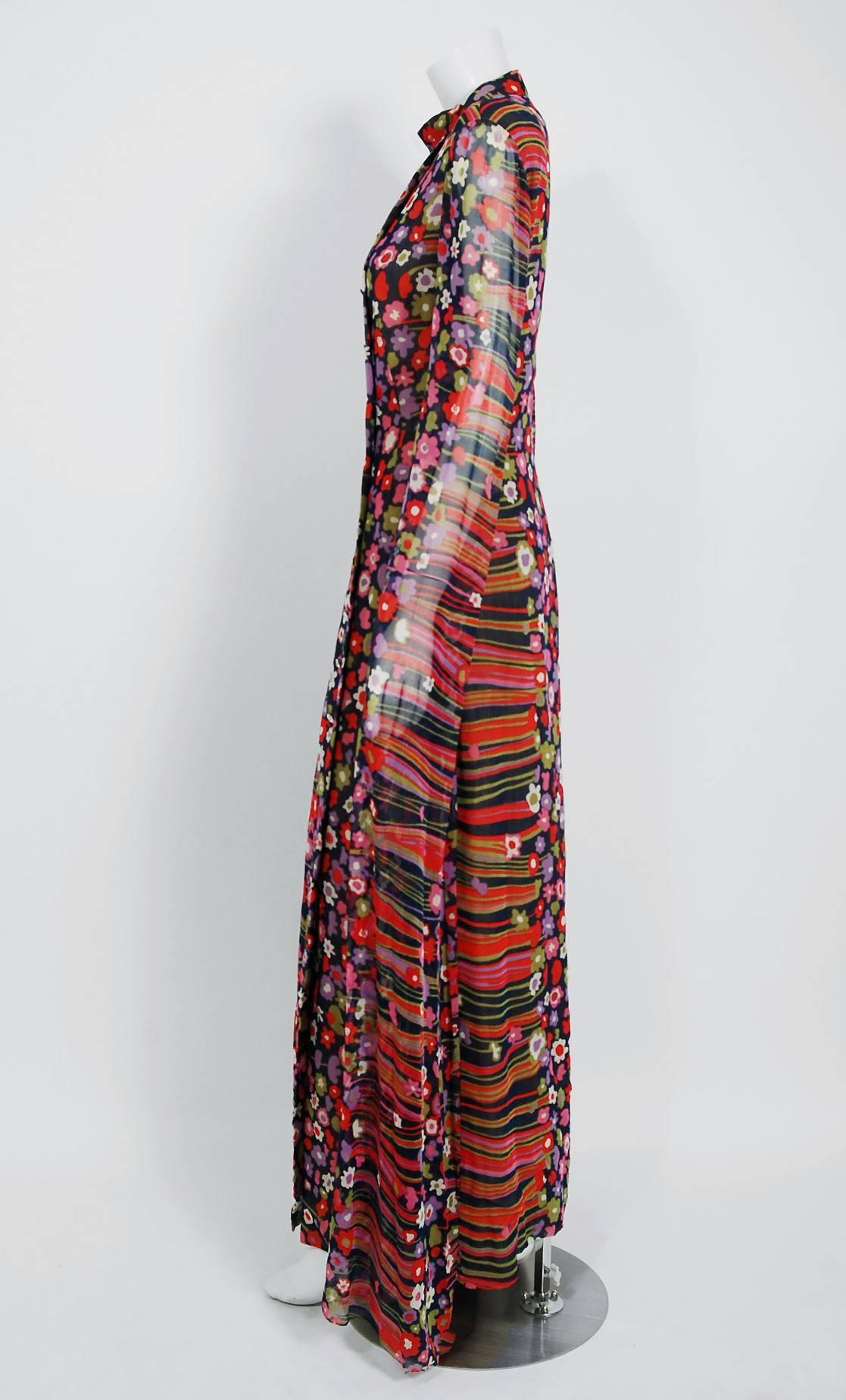 Women's 1960's Pauline Trigere Abstract Floral Cotton Kimono Angel-Sleeve Maxi Dress