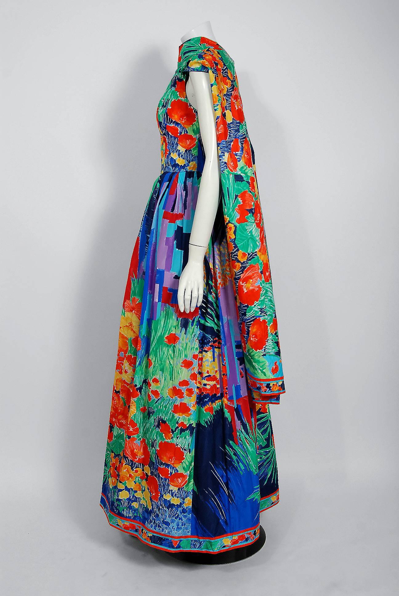 Women's 1992 Leonard Paris Watercolor Floral Print Silk Taffeta Capelet Full-Skirt Gown 