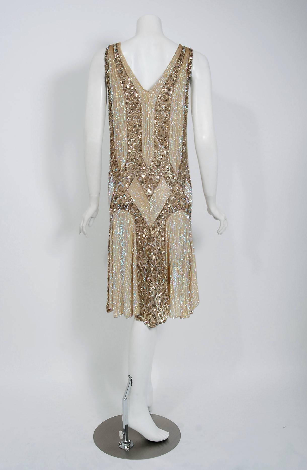 1920's French Couture Champagne Golden Beaded Sequin Art Deco Flapper Dress In Excellent Condition In Beverly Hills, CA