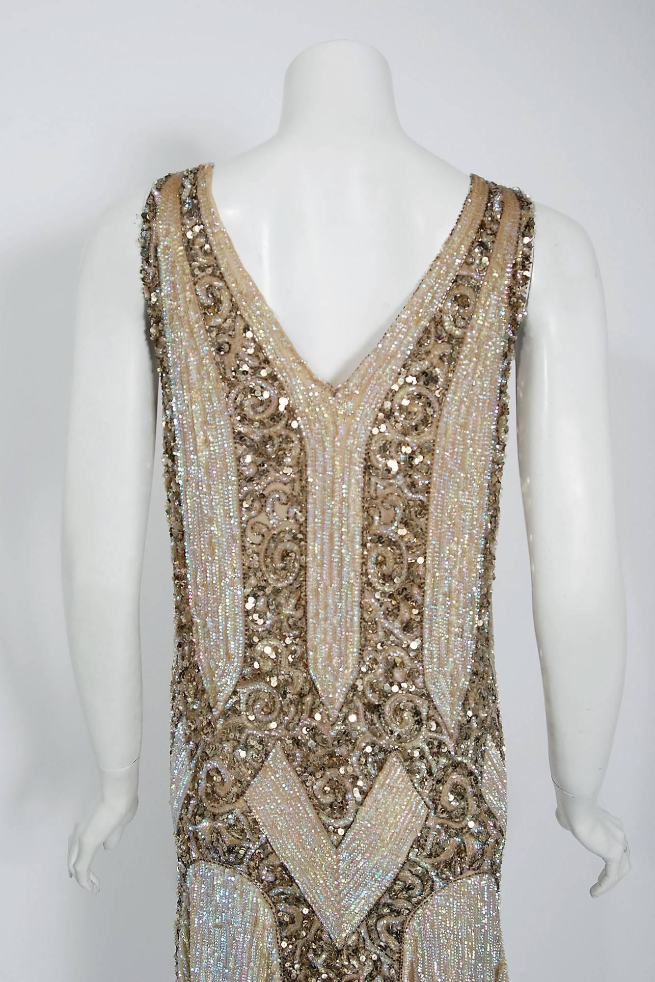Women's 1920's French Couture Champagne Golden Beaded Sequin Art Deco Flapper Dress