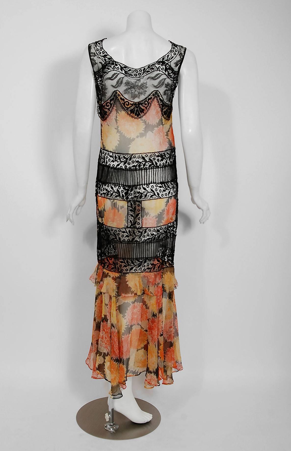 1930's Marigold Floral Print Silk-Chiffon & Black Lace Illusion Tiered Gown 2
