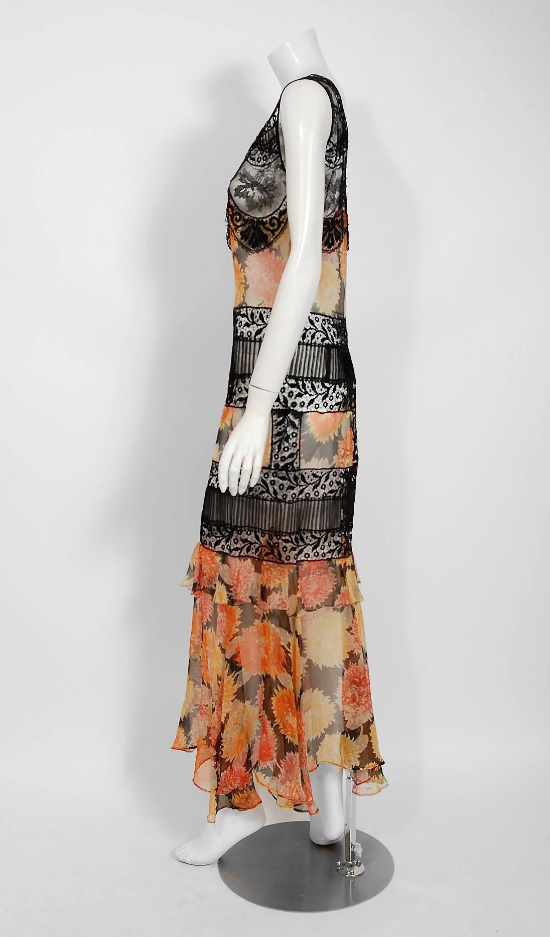 1930's Marigold Floral Print Silk-Chiffon & Black Lace Illusion Tiered Gown 1