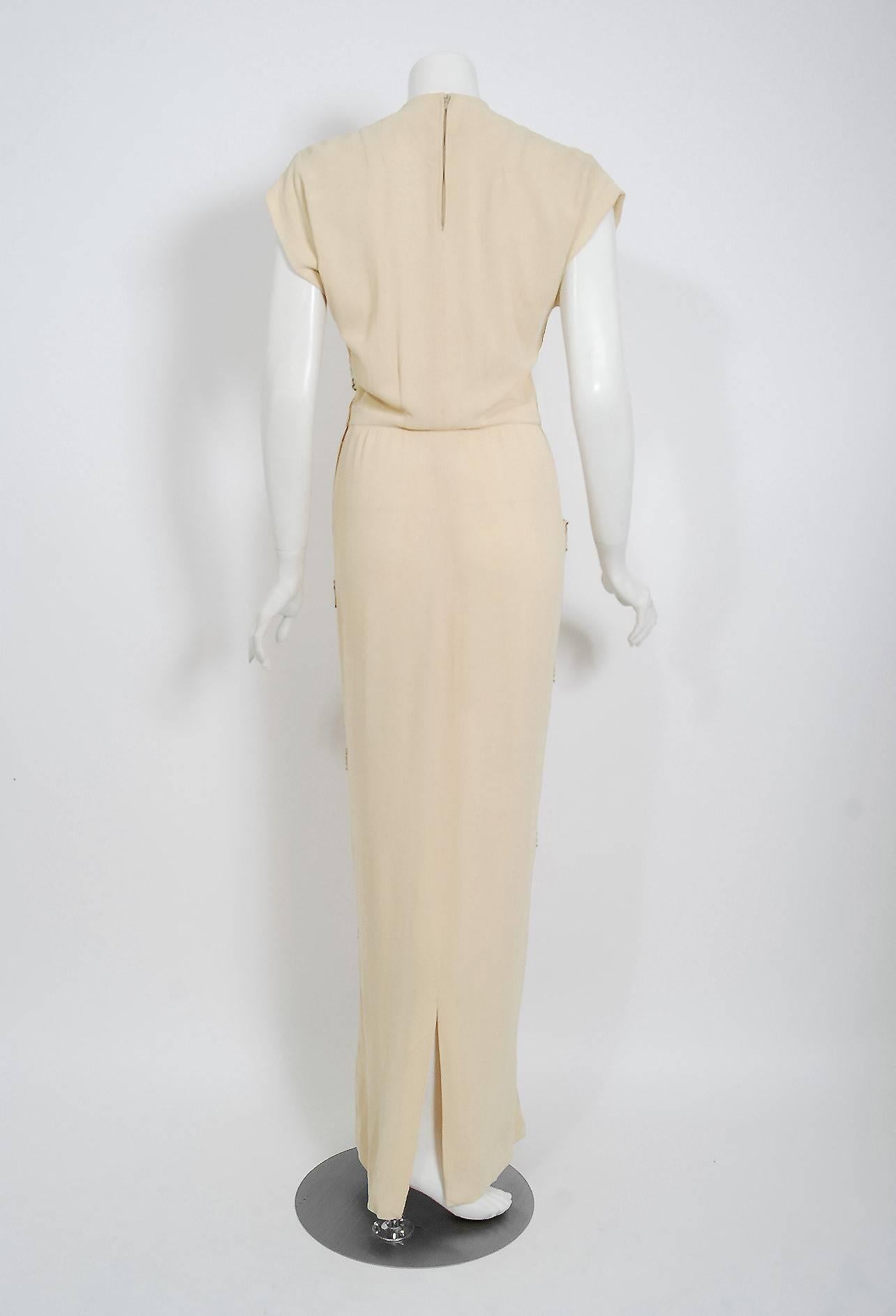 1940's Anna Miller Pale-Yellow Beaded Embroidered Crepe Carwash Panels Gown 1