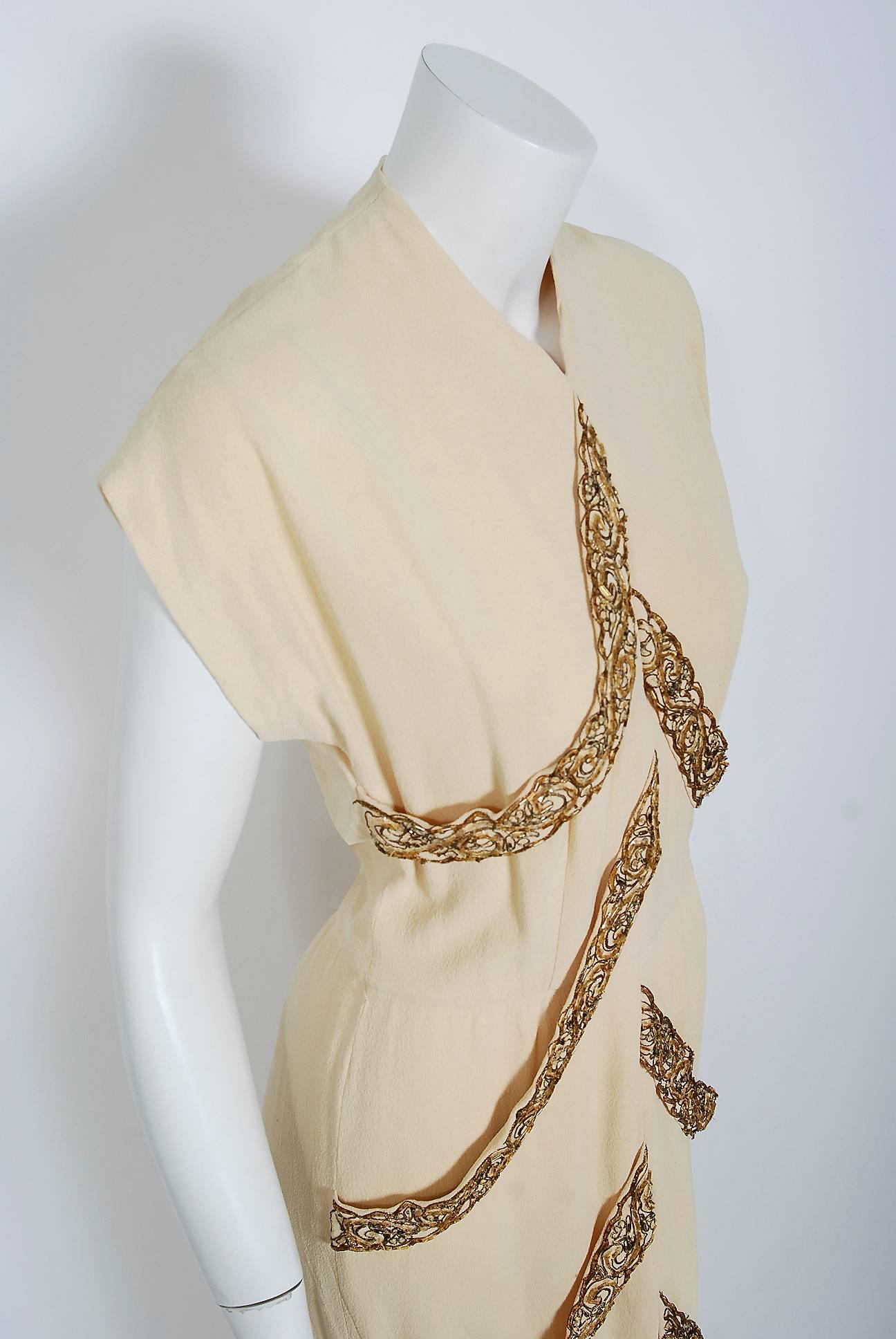 Beige 1940's Anna Miller Pale-Yellow Beaded Embroidered Crepe Carwash Panels Gown