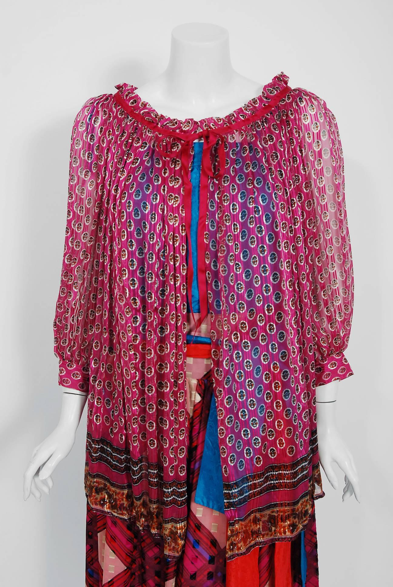 Vintage 1970s Ungaro Paris Colorful Print Silk Belted Bohemian 4-Piece Dress Set 2