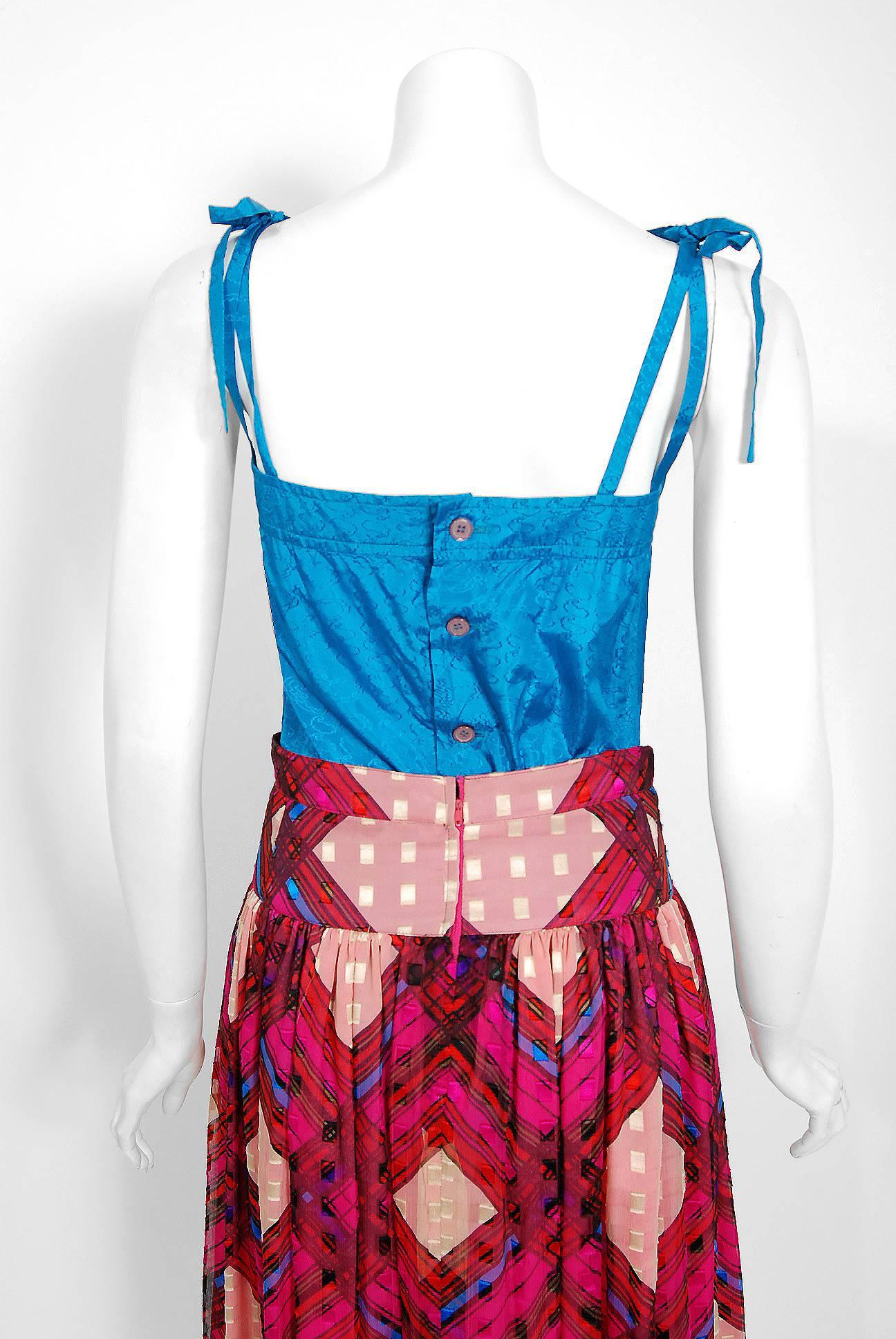 Women's Vintage 1970s Ungaro Paris Colorful Print Silk Belted Bohemian 4-Piece Dress Set