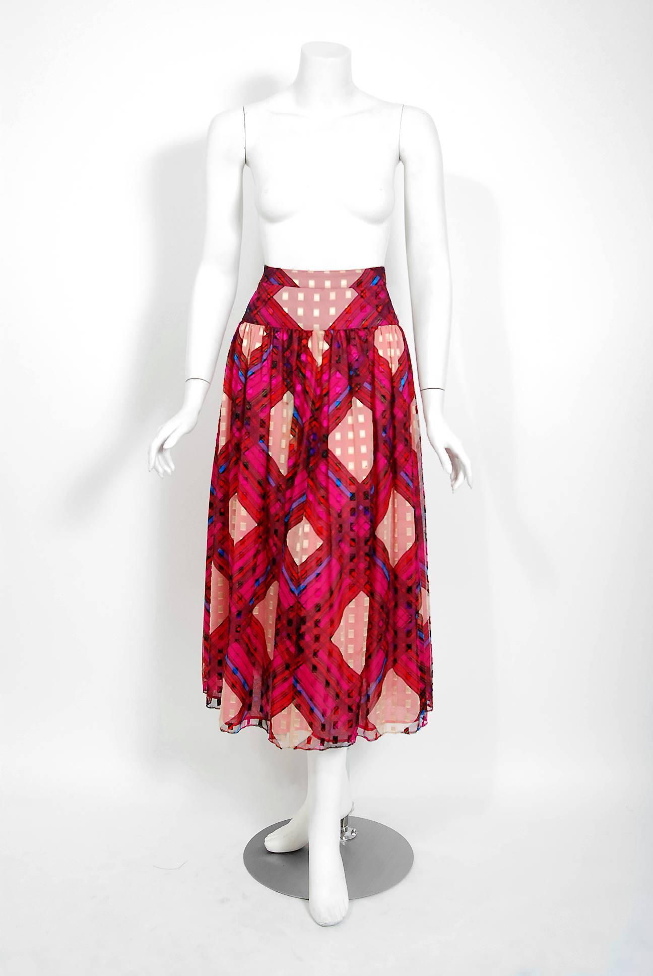 Brown Vintage 1970s Ungaro Paris Colorful Print Silk Belted Bohemian 4-Piece Dress Set