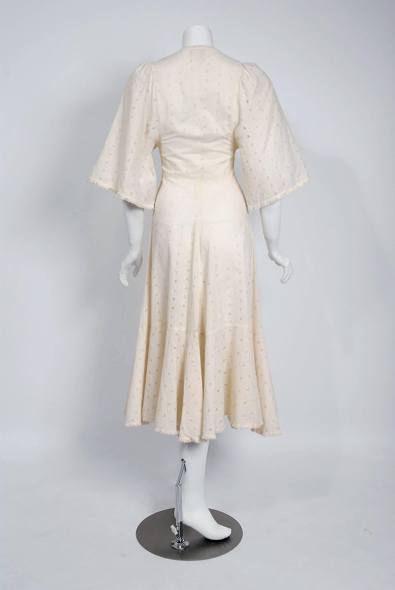 1972 Biba London Creme Eyelet Cotton Flutter Sleeve Plunge Lace-Up Dress 1